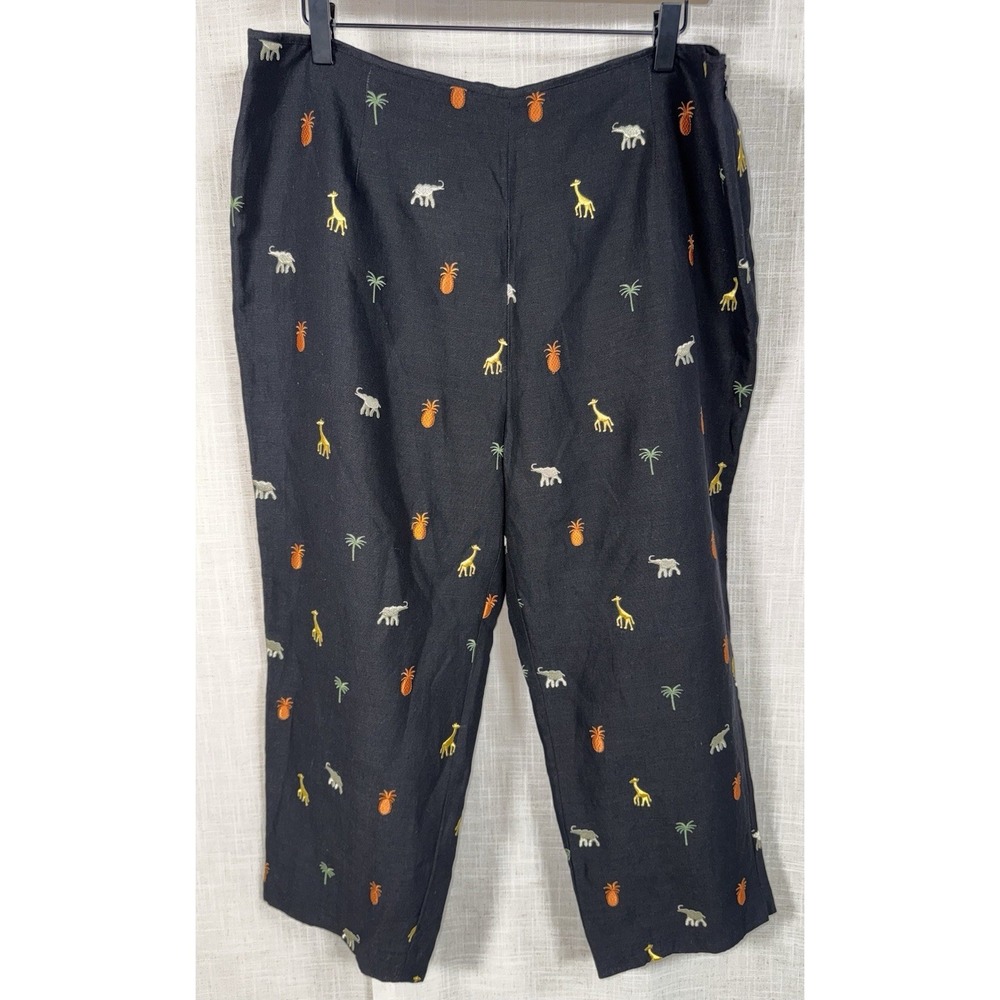 Edward Silk Linen Pants Women's Sz 16 Black Embroidered Pineapple Safari Animals